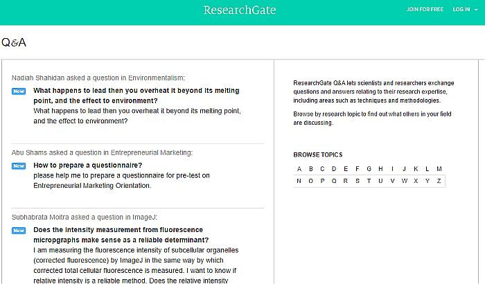 Bereich Questions & Answers bei Researchgate